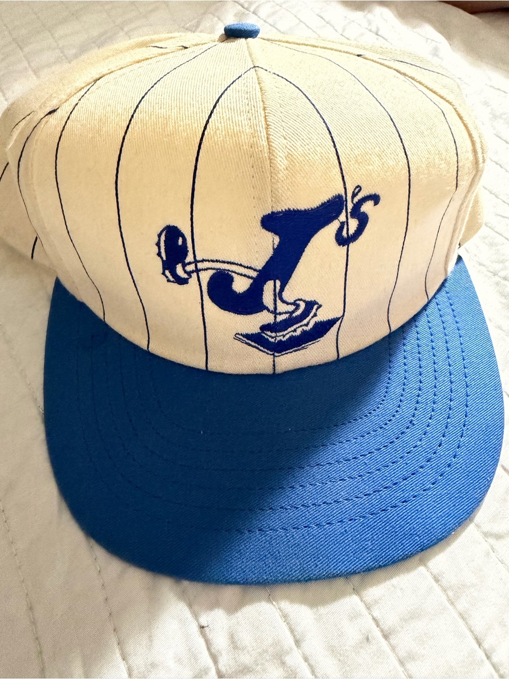 Men’s  Blue and Cream Pinstripe Baseball Cap with Script Logo